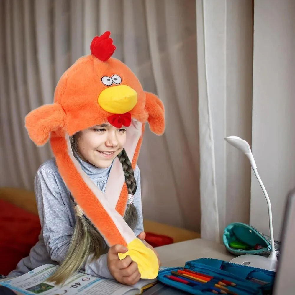 Kids Chicken Animal Hat with Ears Moving Jumping Pop Up Beating Plush Holiday